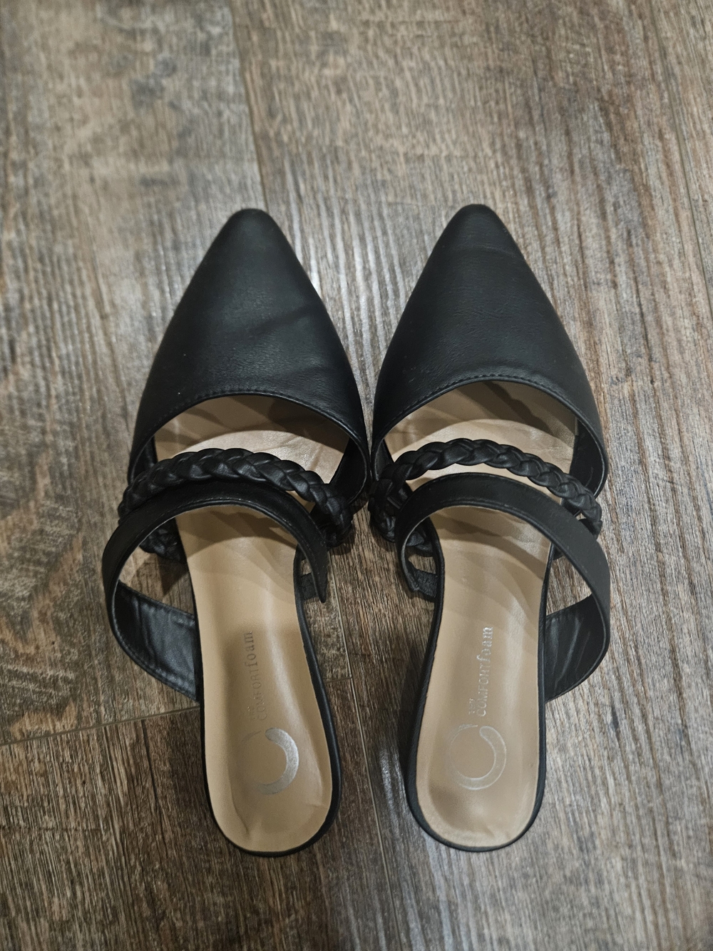 Black Pointed-Toe Braided Strap Women's Mules